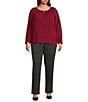 Calvin Klein Plus Size Solid Woven Crew Neck Long Sleeve Pleated Top, Color:Persimmon - Image 3