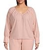 Color:Silver Pink - Image 1 - Plus Size Textured Woven V-Neck Long Cuff Sleeve Top