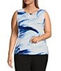 Color:Iceberg Multi - Image 1 - Plus Size Watercolor Print Pleated Crew Neck Sleeveless Matte Jersey Knit Cami