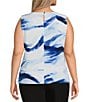 Color:Iceberg Multi - Image 2 - Plus Size Watercolor Print Pleated Crew Neck Sleeveless Matte Jersey Knit Cami