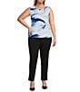 Color:Iceberg Multi - Image 3 - Plus Size Watercolor Print Pleated Crew Neck Sleeveless Matte Jersey Knit Cami