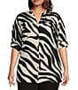 Color:Zebra - Image 1 - Plus Size Zebra Print Crepe de Chine Y-Neck Long Sleeve Button Front Top