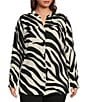 Color:Zebra - Image 3 - Plus Size Zebra Print Crepe de Chine Y-Neck Long Sleeve Button Front Top