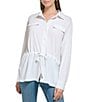 Color:Soft White - Image 1 - Point Collar Neck Long Sleeve Cinch Waist Flap Pocket Button Front Blouse