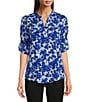 Color:Klein Blue White - Image 1 - Printed Banded Collar Flap Pocket Long Roll Tab Sleeve Blouse