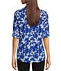 Color:Klein Blue White - Image 2 - Printed Banded Collar Flap Pocket Long Roll Tab Sleeve Blouse