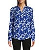 Color:Klein Blue White - Image 3 - Printed Banded Collar Flap Pocket Long Roll Tab Sleeve Blouse