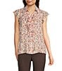 Calvin Klein Printed Chiffon Point Collar Cap Sleeve Ruffle Button Front Blouse, Color:Cream Multi - Image 1