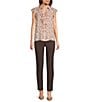 Calvin Klein Printed Chiffon Point Collar Cap Sleeve Ruffle Button Front Blouse, Color:Cream Multi - Image 3