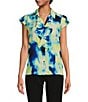 Color:Black Multi - Image 1 - Printed Collared Ruffle Front Cap Sleeve Button Front Top