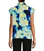 Color:Black Multi - Image 2 - Printed Collared Ruffle Front Cap Sleeve Button Front Top
