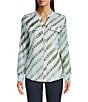 Calvin Klein Printed Cotton Crew Neck Roll Tab Sleeve Button Front Blouse, Color:White Multi - Image 4
