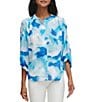 Color:Cerulean White - Image 1 - Printed Crew Neck Pleated Shoulder 3/4 Sleeve Button Front Blouse