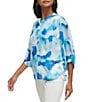 Color:Cerulean White - Image 4 - Printed Crew Neck Pleated Shoulder 3/4 Sleeve Button Front Blouse