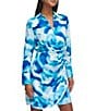 Color:Cerulean White - Image 3 - Printed Faux Wrap Point Collar V-Neck Dress