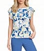 Calvin Klein Printed Georgette Crew Neck Cap Sleeve Ruffle Front Blouse - Image 1