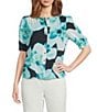 Calvin Klein Printed Georgette Crew Neck Short Sleeve Button Front Blouse - Image 1