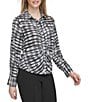 Color:Black Multi - Image 4 - Printed Georgette Point Collar Long Sleeve Ruched Button Front Top