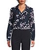 Calvin Klein Printed Georgette Point Collar Long Sleeve Ruffle Button Front Top, Color:Navy/Cream Multi - Image 1