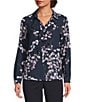Calvin Klein Printed Georgette Point Collar Long Sleeve Ruffle Button Front Top, Color:Navy/Cream Multi - Image 2