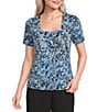 Calvin Klein Printed Knit Jersey Square Neck Short Sleeve Top - Image 1