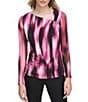 Color:Port Combo - Image 1 - Printed Matte Jersey Asymmetrical Neck Long Sheer Sleeve Fitted Top