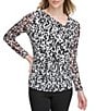 Color:Black White - Image 1 - Printed Matte Jersey Asymmetrical Neck Long Sheer Sleeve Fitted Top