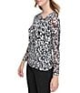 Color:Black White - Image 4 - Printed Matte Jersey Asymmetrical Neck Long Sheer Sleeve Fitted Top
