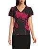 Calvin Klein Printed V-Neck Short Flutter Sleeve Top, Color:Cranberry Multi - Image 1