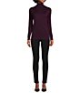 Color:Aubergine Purple - Image 3 - Ribbed Knit Turtleneck Long Button Cuff Sleeve Top