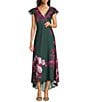 Calvin Klein Satin V-Neck Ruffle Short Sleeve Floral Print Maxi Dress, Color:Grey Auber - Image 1