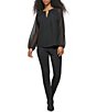 Color:Black - Image 3 - Shirred Front Cut-Out Long Sleeve Blouse