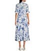 Calvin Klein Short Sleeve Point Collar Tie Waist Floral Printed Midi A-Line Dress, Color:Chambray Multi - Image 2