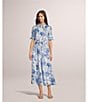 Calvin Klein Short Sleeve Point Collar Tie Waist Floral Printed Midi A-Line Dress, Color:Chambray Multi - Image 4