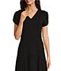 Color:Black - Image 3 - Scuba Crepe Short Tulip Sleeve V-Neck A-Line Midi Dress