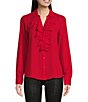Color:Red - Image 1 - Solid Georgette Point V-Collar Long Sleeve Ruffle Front Top