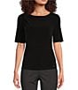 Color:Black - Image 1 - Solid Knit Crew Neck Elbow Sleeve Drape Top