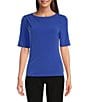 Color:Dazzling Blue - Image 1 - Solid Knit Crew Neck Elbow Sleeve Drape Top