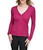 Color:Mulberry - Image 1 - Solid Wool Knit V-Neck Long Sleeve Fitted Top