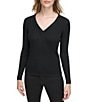 Color:Black - Image 1 - Solid Wool Knit V-Neck Long Sleeve Fitted Top