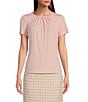 Color:Silver Pink - Image 1 - Stretch Pleated Crew Neck Short Sleeve Shirt