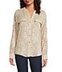 Calvin Klein Textured Novelty Crew Neck Roll Tab Sleeve Button Front Blouse, Color:Latte - Image 4