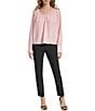 Color:Silver Pink - Image 3 - Textured Woven V-Neck Long Sleeve Blouse
