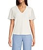 Calvin Klein V-Neck Ruched Shoulder Flutter Sleeve Blouse, Color:Cream - Image 1