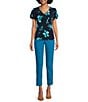 Calvin Klein V-Neck Short Sleeve Stretch Print Knit Top, Color:Navy Multi - Image 3