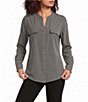 Calvin Klein Woven Collarless Long Sleeve Roll Tab Blouse - Image 1