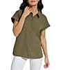 Color:Caper - Image 1 - Woven Point Collar Short Sleeve Button-Front Pocket Top