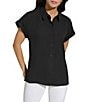 Color:Black - Image 1 - Woven Point Collar Short Sleeve Button-Front Pocket Top