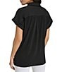 Color:Black - Image 2 - Woven Point Collar Short Sleeve Button-Front Pocket Top