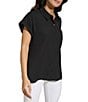 Color:Black - Image 3 - Woven Point Collar Short Sleeve Button-Front Pocket Top